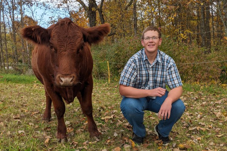 Ben Butcher squats in a field next to a brown cow.