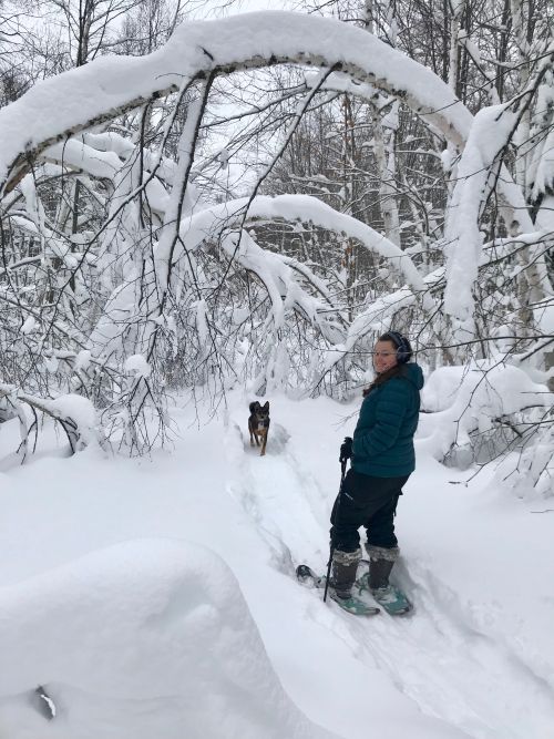 Extension educator Lauren Jescovitch treks out on snowshoes during her first winter in the Upper Peninsula.