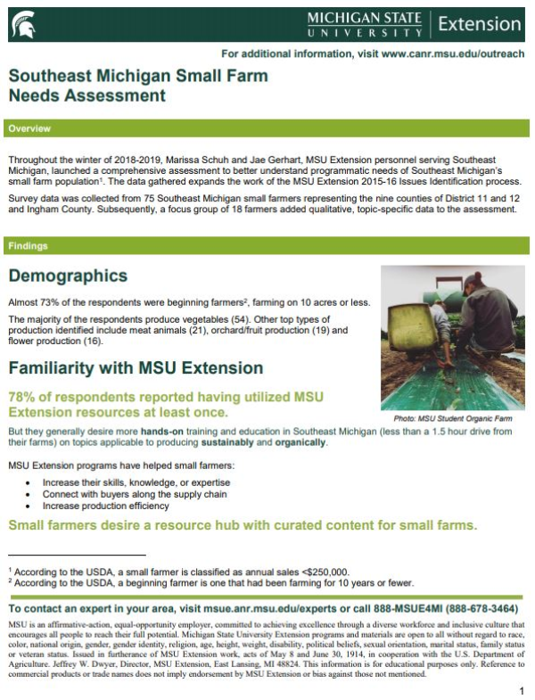 Southeast Michigan Small Farm Needs Assessment cover page.