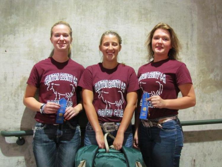 Carmen Hicks (left), Miriah Dershem (center) and Jessica Nash (right) celebrate after winning the 2016 Dairy Quiz Bowl Senior Division (not pictured: teammate Madeline Meyer). Photo: Sara Long.