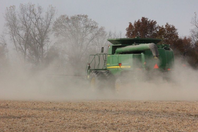 Dust and plant residue from harvest can lead to combine fires. Photo: Katie Thelen.