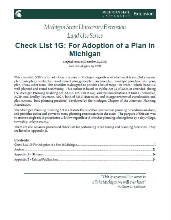 Front cover of Checklist 1G: For adoption of a plan in Michigan.