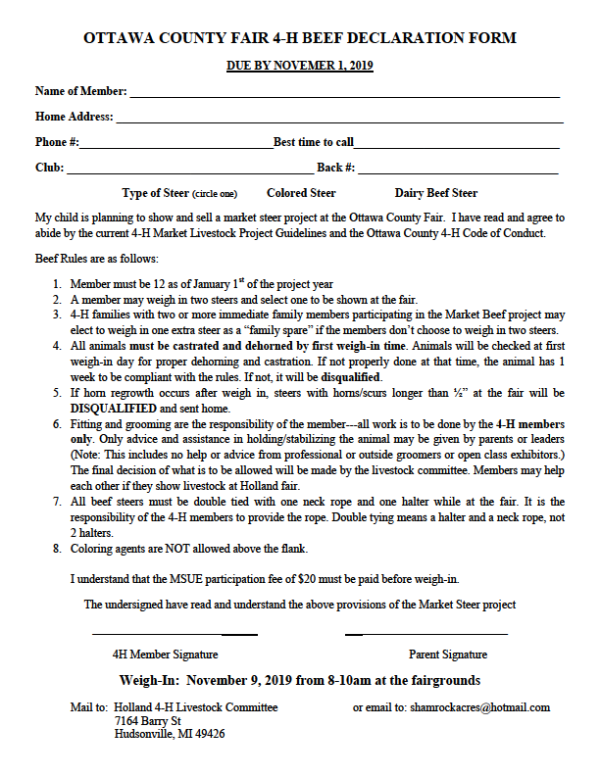 This is an image of the Ottawa County 4-H Livestock Beef Declaration form.
