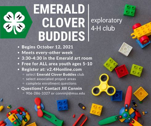 Image includes the 4-H clover logo, a dark gray background with Duplos and building toys scattered on it.  The text includes club details and is included in the body of this webpage.