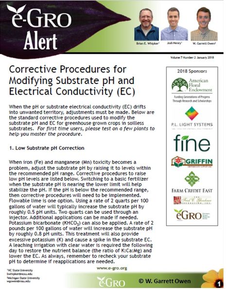 The e-GRO Alert 7.2, which established corrective procedures for low or high substrate pH or soluble salts, referred to as electrical conductivity (EC).