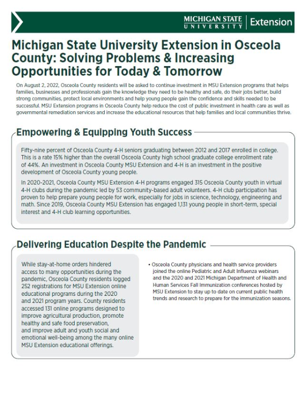 Thumbnail of MSU Extension in Osceola County: Solving Problems & Increasing Opportunities for Today & Tomorrow document.