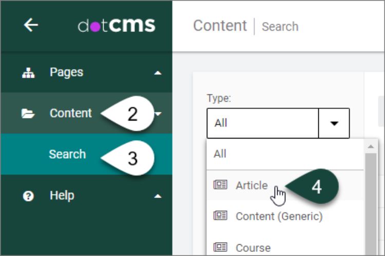 How to navigate from the Content dashboard in dotCMS and select for the Article content type.