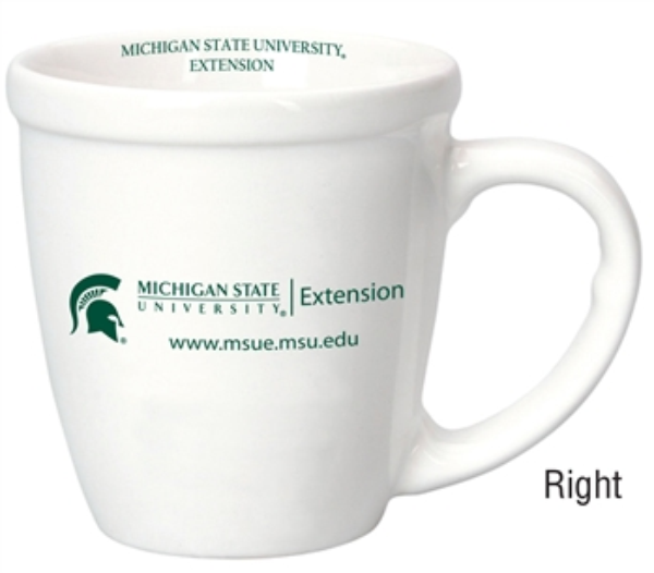White mug with MSU Extension logo.