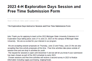 2023 4-H Exploration Days Session and Free Time Submission Form