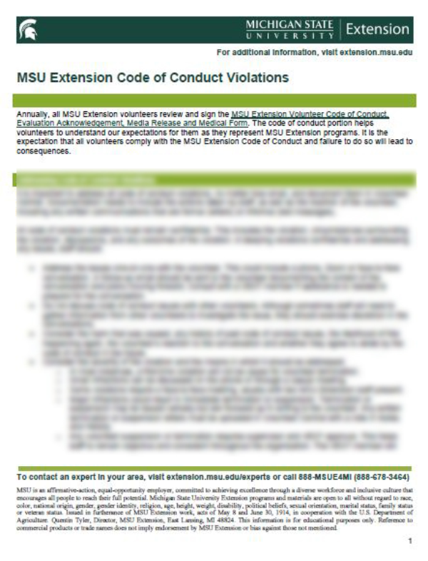 Thumbnail of MSU Volunteer Code of Conduct Violations document.