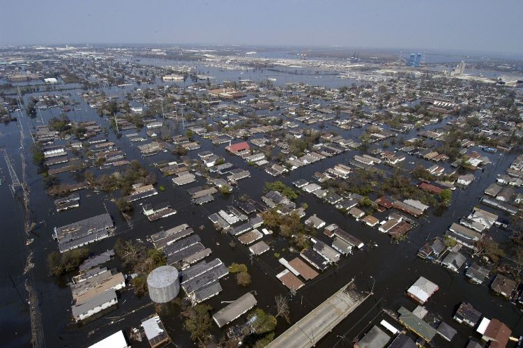 An aerial shot of a flooded neighborhood.