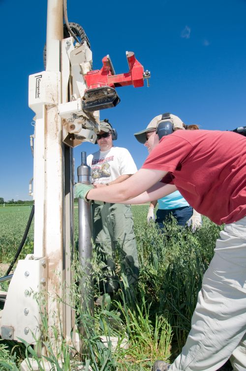 Researchers at Kellogg Biological Station collect soil cores for soil carbon analysis.