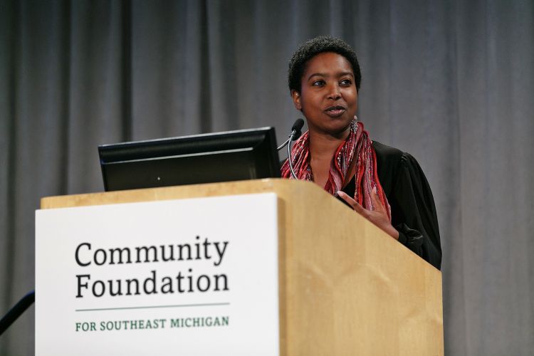 Nikki Silvestri giving her keynote speech to the Community Foundation of Southeastern Michigan. Photo credit: J Singleton
