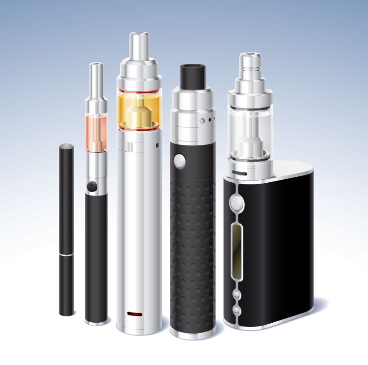 Graphic of multiple kinds of vape pens and e-cigarettes.