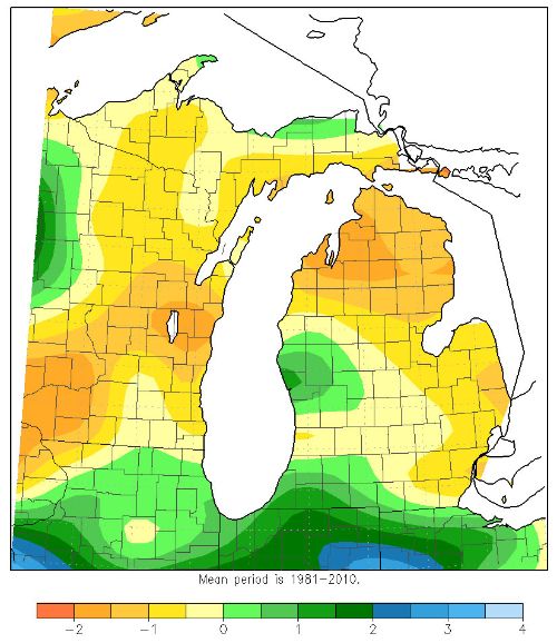 Accumulated precipitation in inches, June 29-July 28, 2015. Northeast Michigan has been drier than normal over the last month. Figure by Michigan State Climatologist’s Office