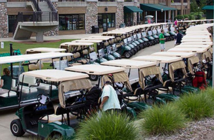 Photo of golf carts lined up and ready at Forest Akers Golf Course.
