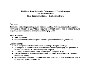 Youth Co-Instructor Role Description for 4-H Exploration Days