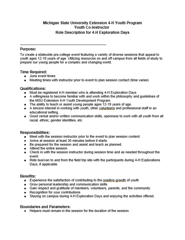 Youth CoInstructor Role Description for 4H Exploration Days 4H