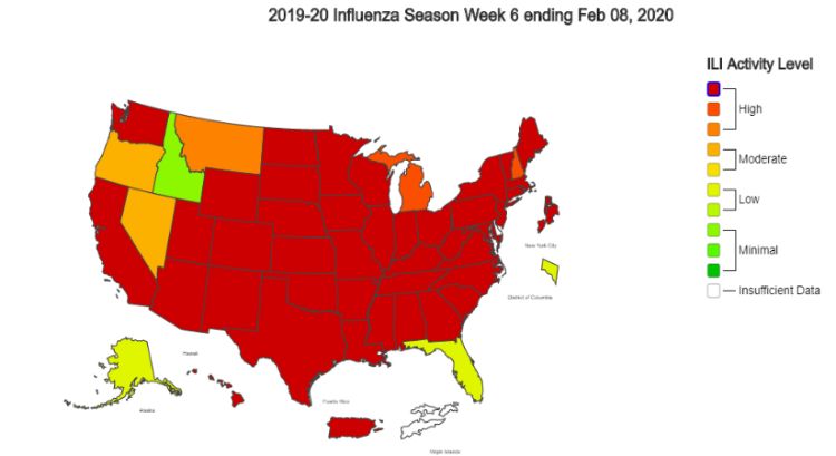 Map from CDC showing activity of influenza like activity in week 6 or the 2019-2020 season.