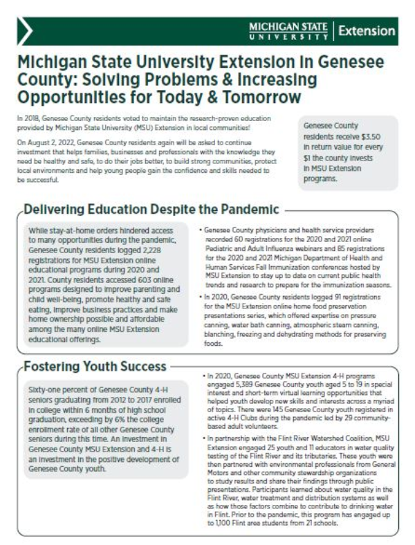 Thumbnail image of MSU Extension in Genesee County: Solving Problems & Increasing Opportunities for Today & Tomorrow document.
