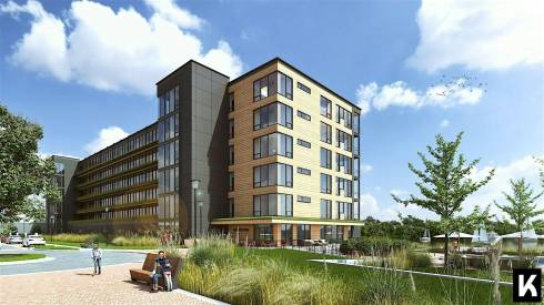 Rendering of a new mass timber hotel in Muskegon, MI.