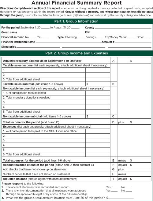 The Annual Financial Summary Report records the income, expenses and inventory of the 4-H group as well as determines if the group is required to remit state sales tax.