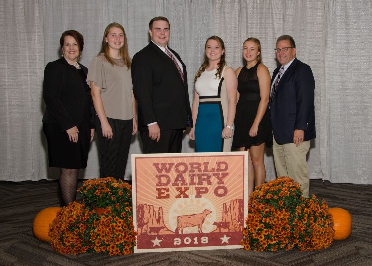 2018 Michigan 4-H Dairy Cattle Judging Team at World Dairy Expo (from left) Coach Sarah Black, Miriam Cook, Ian Black, Jessica Nash, Caitie Theisen, Coach Joe Domecq.