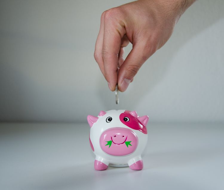 A hand putting a coin in a piggy bank