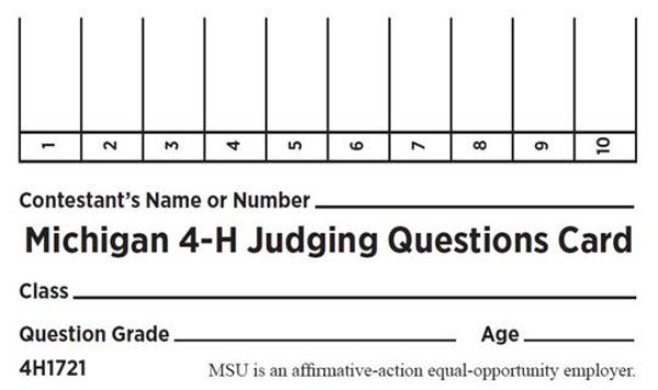 Michigan 4H Judging Question Card 4H1721