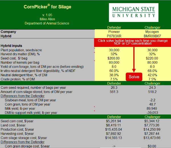 Results page of the corn picker for silage decision tool