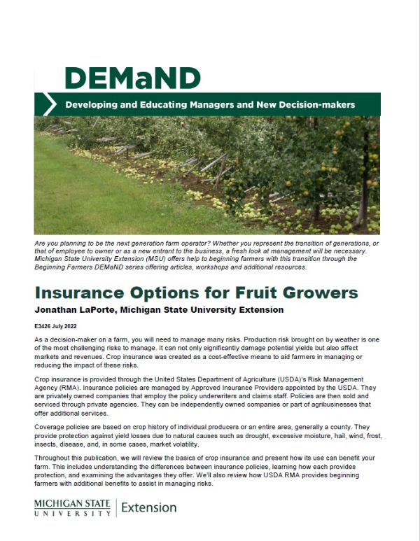 Front cover of bulletin E-3426 Insurance Options for Fruit Growers