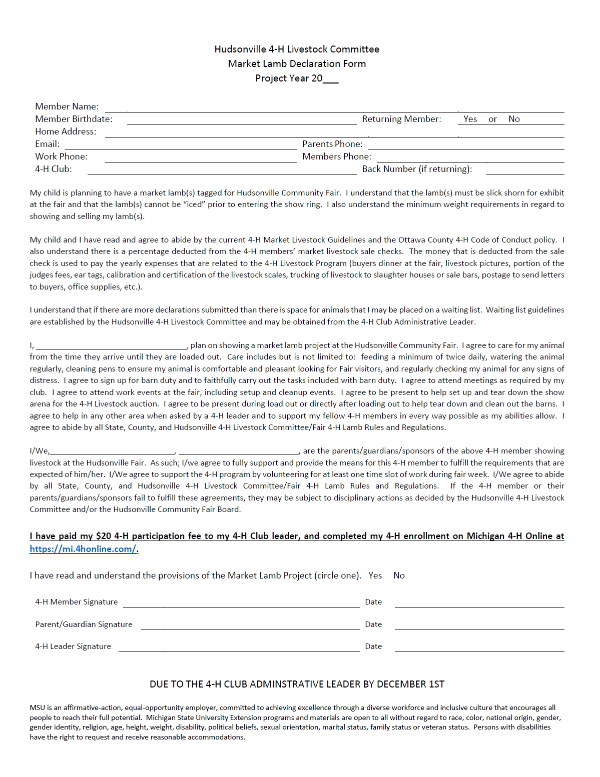 This is an image of the 4-H market lamb declaration form for Hudsonville Community Fair.
