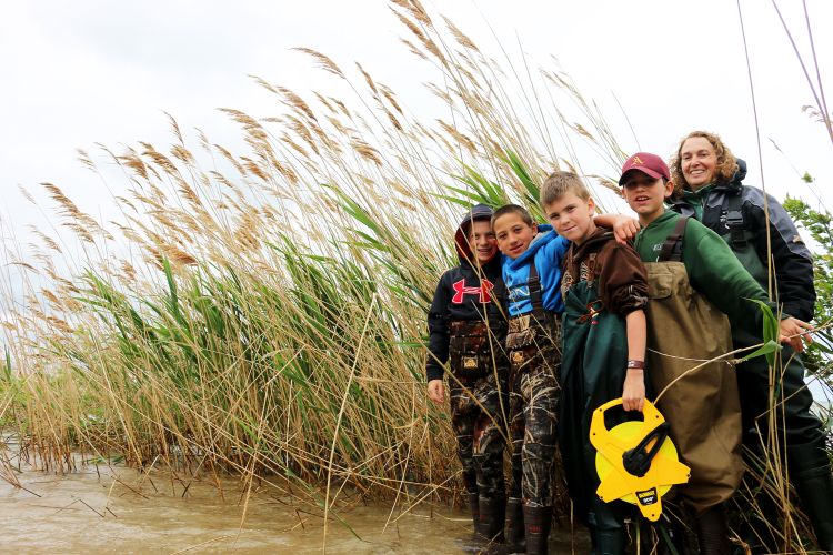 MSU Extension educator Tracy D’Augustino with fifth graders from Au-Gres-Sims standing in front of the phragmites on Charity Island.