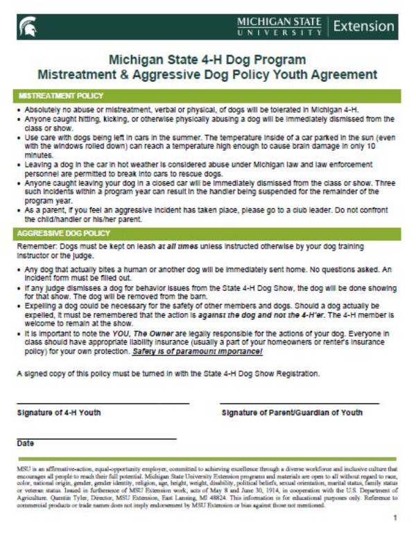 Thumbnail of Michigan State 4-H Dog Program Mistreatment & Aggressive Dog Policy Youth Agreement document