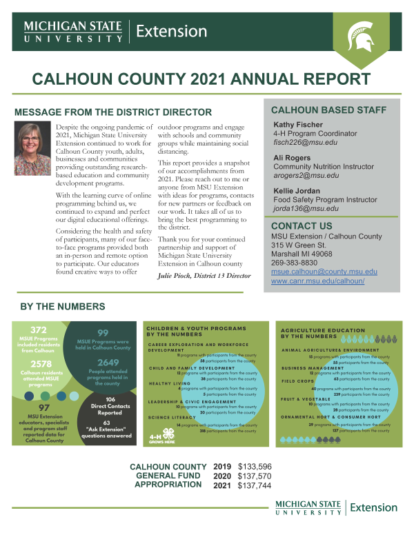 Michigan State University
Extension continued to work for
Calhoun County youth, adults,
businesses and communities
providing outstanding research based
education and community
development programs.