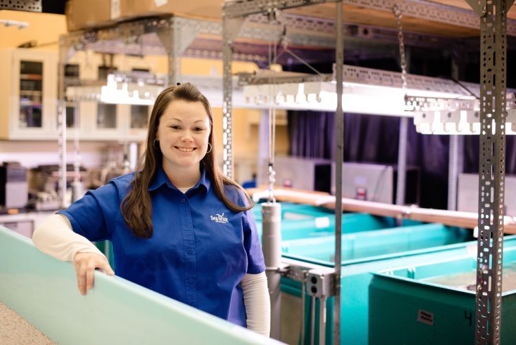 Dr. Lauren Jescovitch is shown standing inside a research area at the Great Lakes Research Center. Photo: Michigan Tech