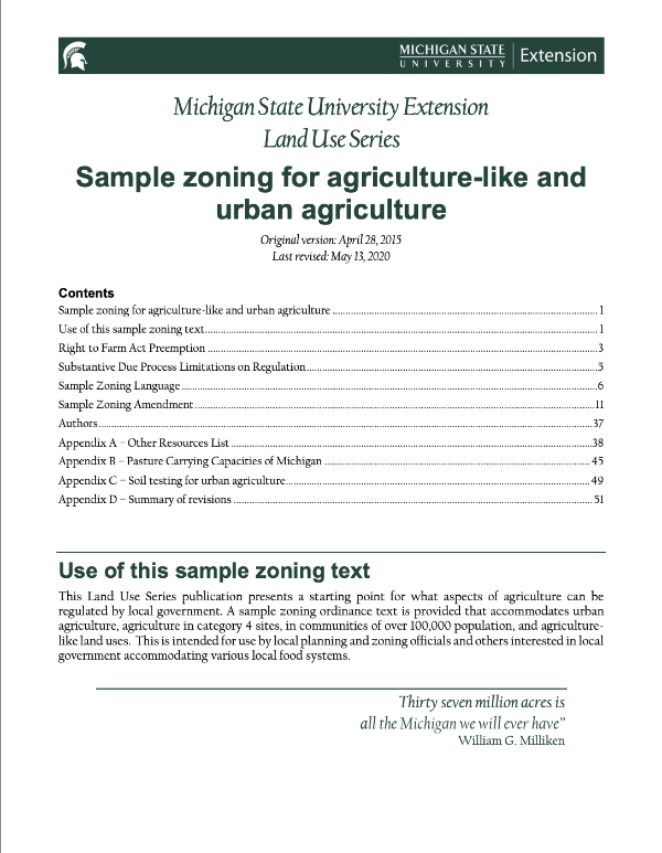 The front page of the Sample Zoning for Agriculture-like and Urban Agriculture document.