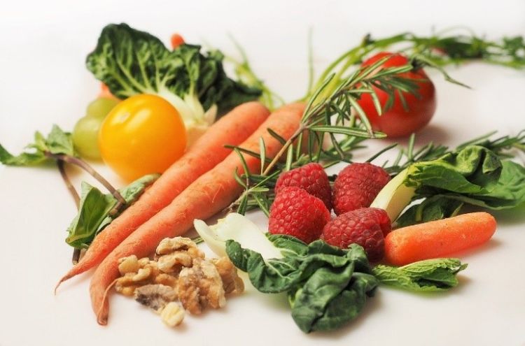 An overhead shot of fruits and vegetables.