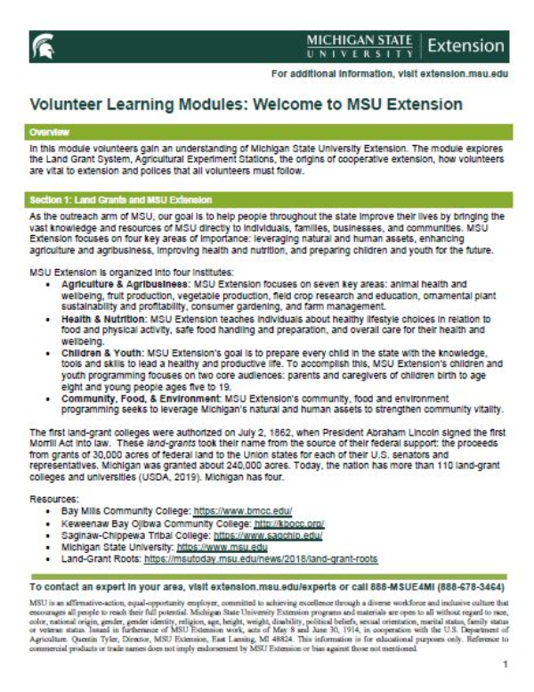 A thumbnail image of the Volunteer Learning Modules: Welcome to MSU Extension document.