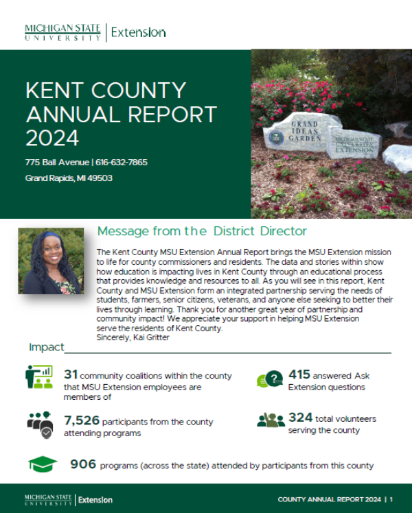 Cover photo of the annual report featuring an image of Kai and the EMG garden.