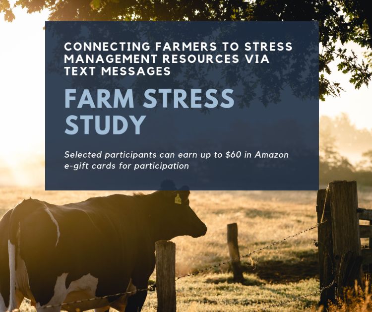 A graphic of a cow and some text talking about farm stress and resources to help