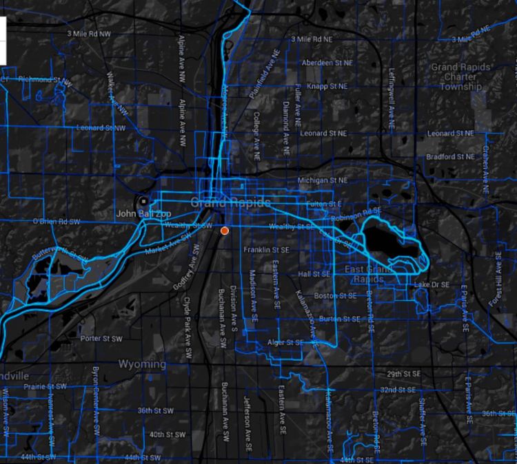 Strava heat map of downtown Grand Rapids. | Strava application screenshot