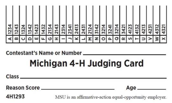 Michigan 4H Judging Card 4H1293
