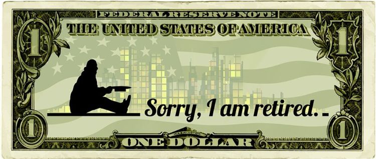 A one dollar bill with a guy sitting saying 