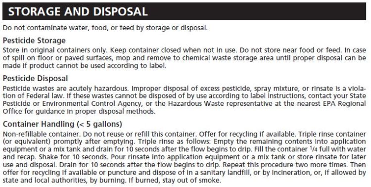 An example of storage information on a pesticide label.
