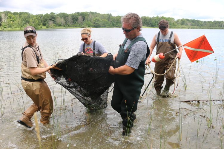 Three teachers assist a scientist in pulling a net out of lake as they experience fisheries science during two-day Lake Huron Place-Based Education Summer Teacher Institute. Photo: Michigan Sea Grant
