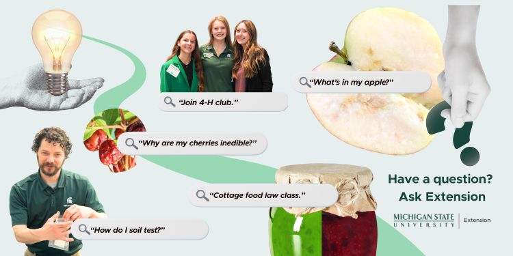 A decorative graphic displaying 4-H'ers, an MSU Extension educator, and various plant and animal pictures with questions over top, such as 