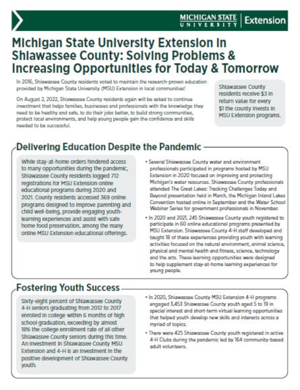 Thumbnail of the MSU Extension in Shiawassee Co.: Solving Problems and Increasing Opportunities for Today & Tomorrow document.