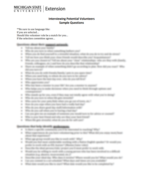 Interviewing Potential Volunteers Sample Questions Organizational