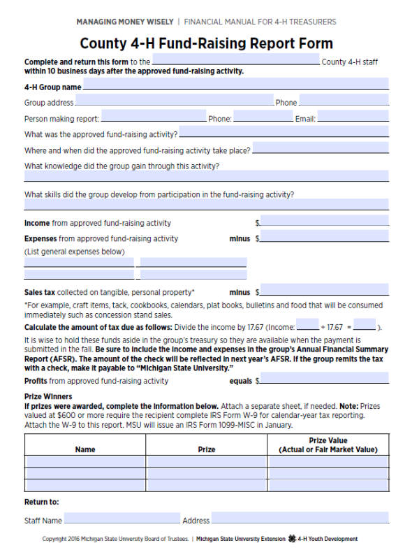 This is an image of the County 4-H Fundraising Report Form.